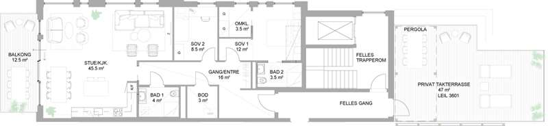 Alternativ planløsning: 3-roms leilighet, mot ekstra kostnad